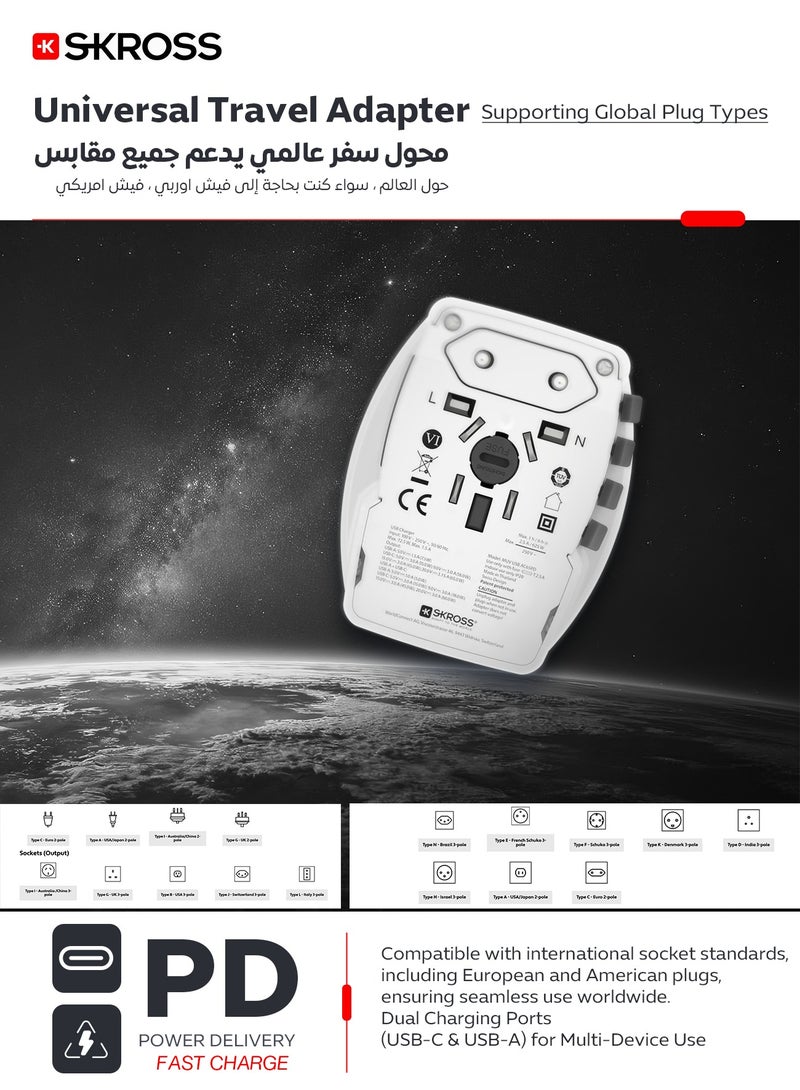 سكروس فيش سفر مع كيبل شحن تايب سي. فيش كهرباء بقوة 65 واط وبمنفذين شحن(شاحن تايب سي& يو اس بي). محول كهرباء يدعم الشحن السريع PD. شاحن لابتوب يدعم الاجهزة التي تدعم منفذ التايب سي. محول سفر متعدد الاستخدامات وباعلاء انظمة الحماية ضد الجهد العالي. فيش جداري عالمي متوافق مع جميع مقابس دول العالم. - Image 2